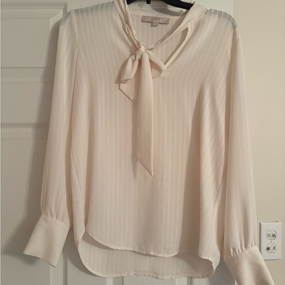 LOFT Ivory Tie-Neck Blouse